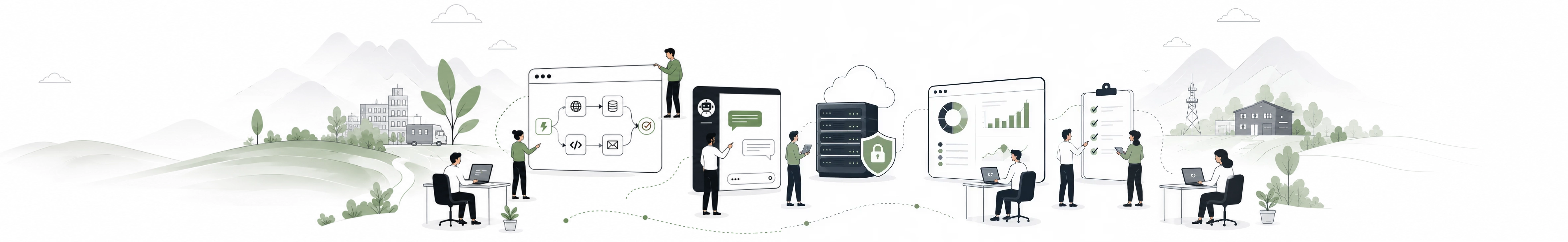 Illustrierte Übersicht der Intellize-Leistungen: ein Mitarbeiter am Laptop, ein Automatisierungs-Workflow aus Code-, Mail- und Dokument-Bausteinen, ein KI-Chatbot auf dem Smartphone, ein Server-Rack mit Schloss und Schutzschild, ein Dashboard mit Kreis- und Balkendiagrammen sowie eine Checkliste, verbunden durch eine durchgehende Linie