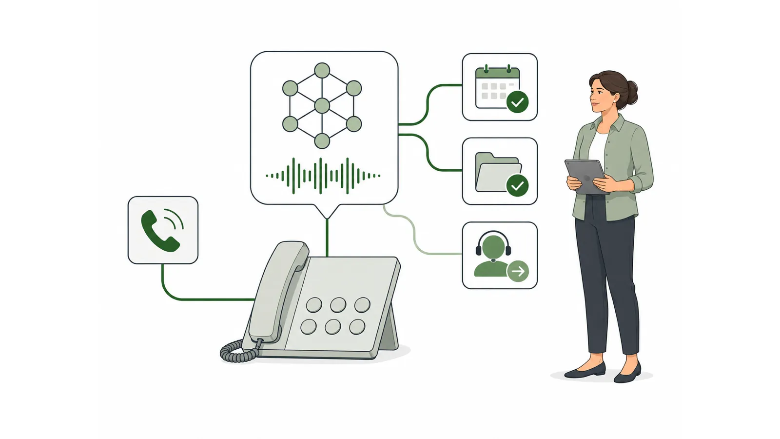 Ein Tischtelefon nimmt einen eingehenden Anruf an; darüber verarbeitet eine Sprechblase mit neuronalem Netz und Stimmkurve das Gespräch und führt zu einem bestätigten Kalendereintrag, einer abgelegten Notiz und der Weitergabe an eine Mitarbeiterin mit Headset, die daneben mit Tablet steht