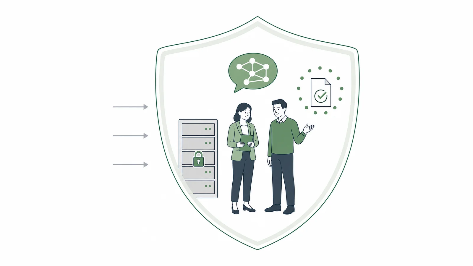 Zwei Mitarbeitende neben einem Server-Rack mit Vorhängeschloss, darüber ein neuronales Netz in einer Sprechblase und ein geprüftes Dokument, alles von einem Schutzschild umschlossen, in das von links Datenströme laufen