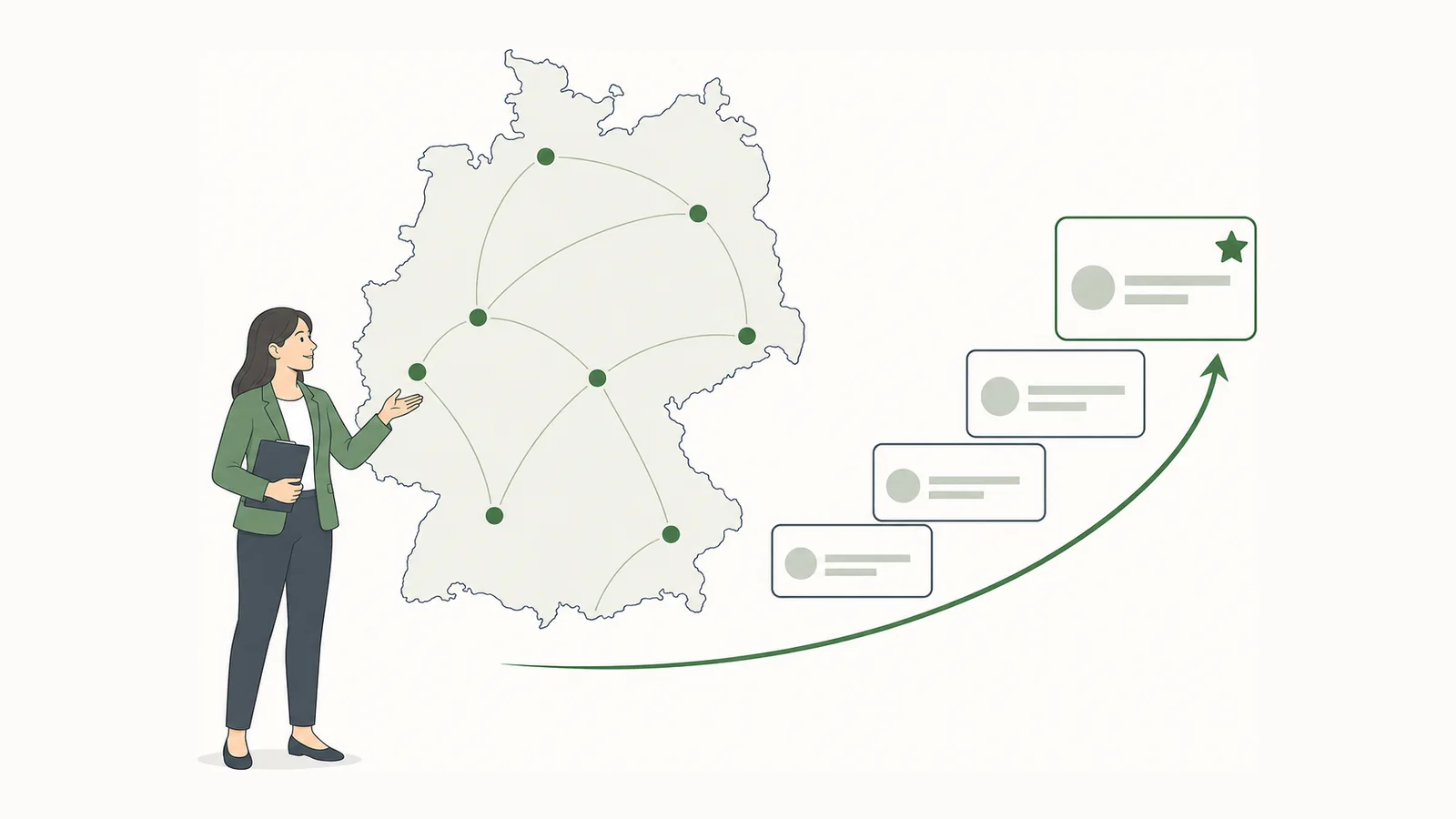 Beraterin vor einer Deutschlandkarte mit vernetzten Standortpunkten, daneben steigen vier Suchergebnis-Einträge entlang eines Pfeils nach oben, der oberste ist mit einem Stern markiert